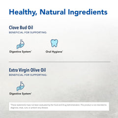 Clovanol ingredients label notes steam-extracted clove oil and olive oil base.
