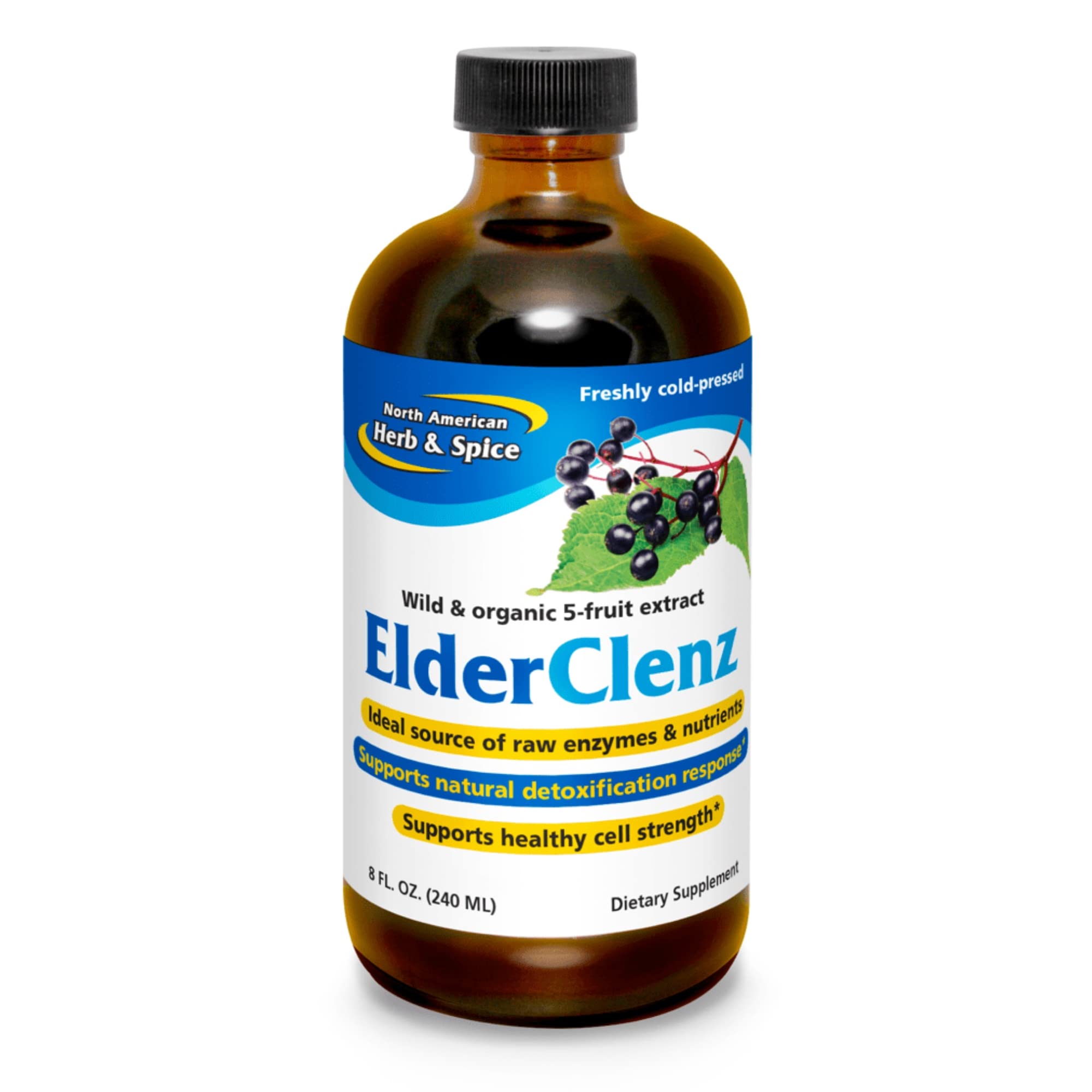 NORTH AMERICAN HERB & SPICE ElderClenz bottle being poured for daily wellness.