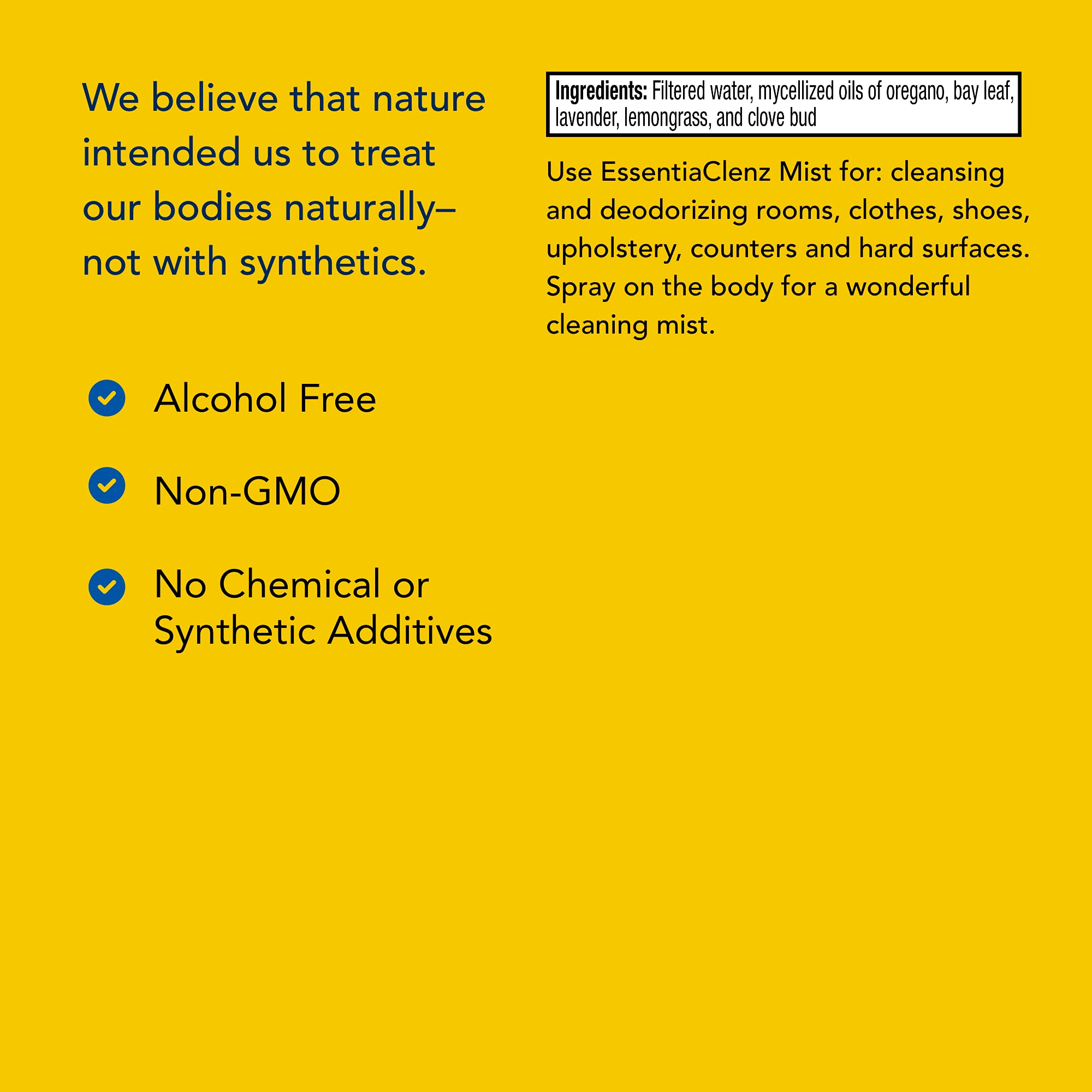 EssentiaClenz ingredients label shows pure, chemical-free formulation.