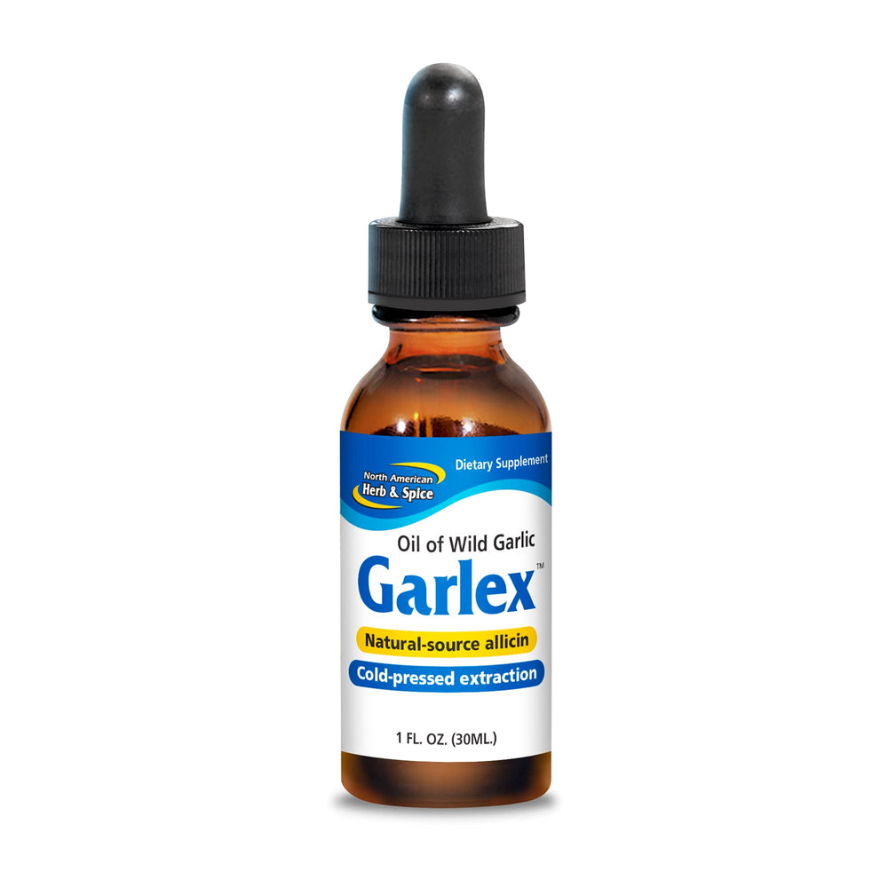 North American Herb & Spice Garlex bottle pour shows premium wild garlic oil.