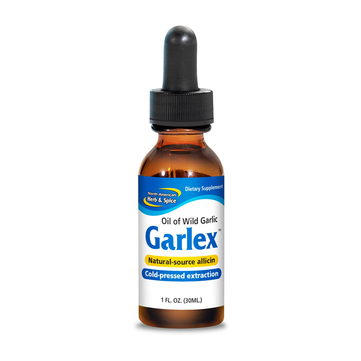 North American Herb & Spice Garlex bottle pour shows premium wild garlic oil.
