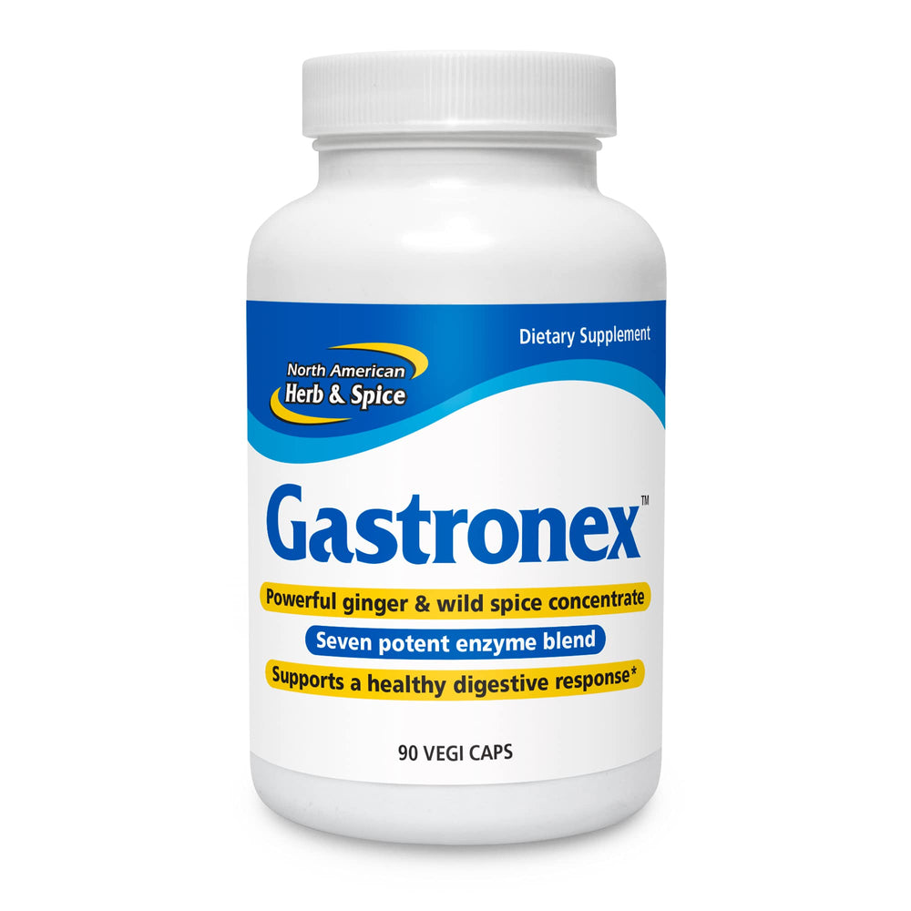 Gastronex bottle shows ginger and wild spice concentrate for digestive comfort.