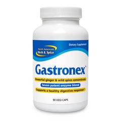 Gastronex bottle shows ginger and wild spice concentrate for digestive comfort.