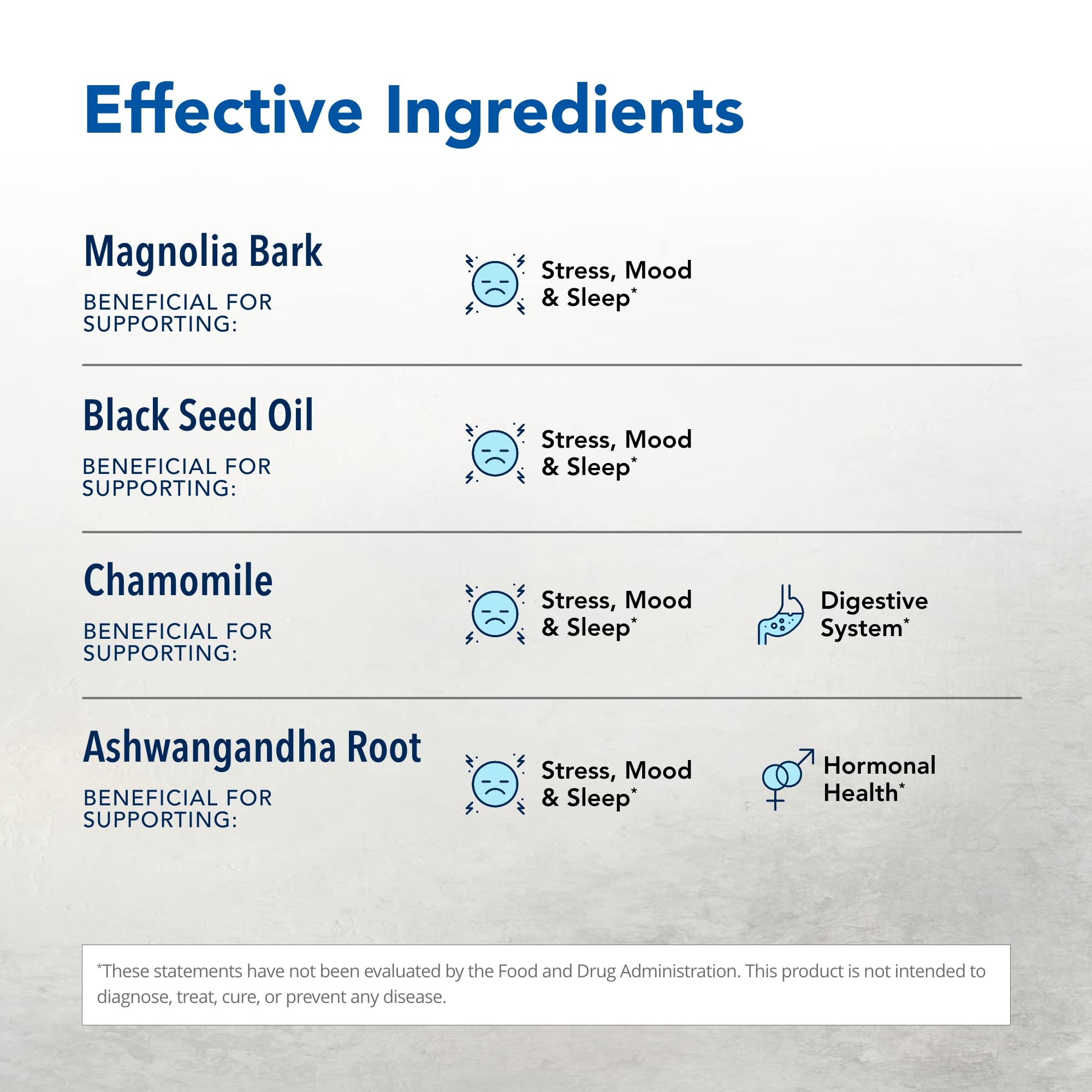 Herbal-zzZs ingredients including ashwagandha, chamomile and hops for relaxation.