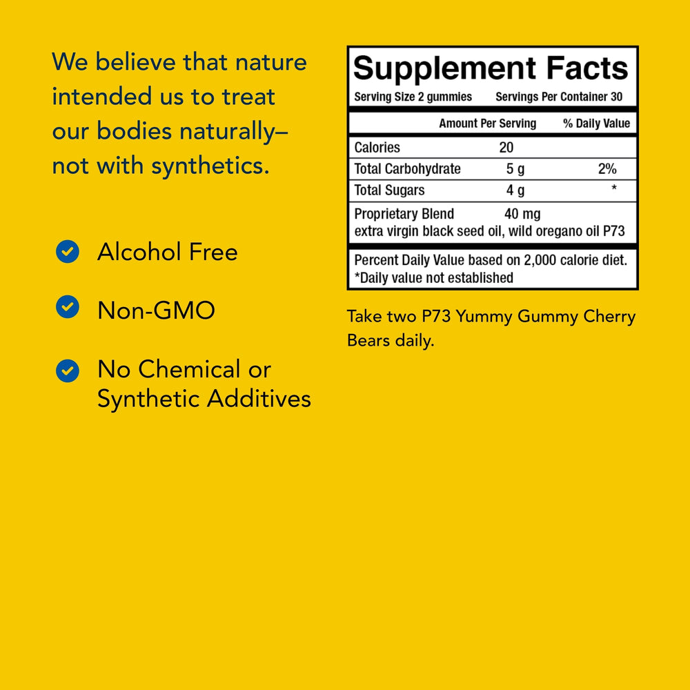 Kid-e-kare gummies highlight P73 Oreganol and black seed oil.