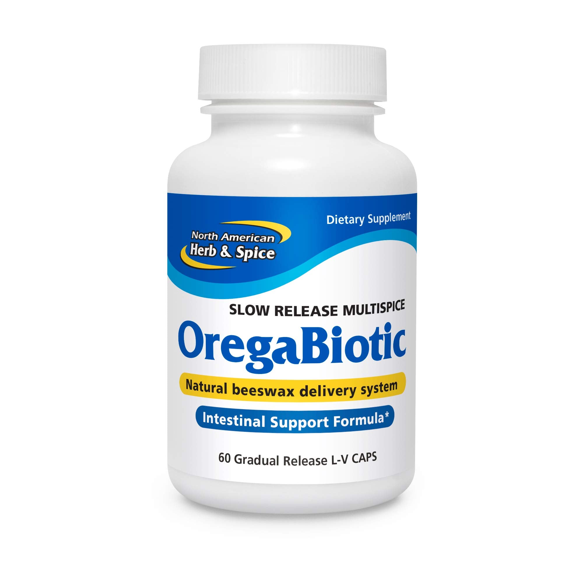 OregaBiotic bottle pours, showcasing the multi-spice formula for digestive support.
