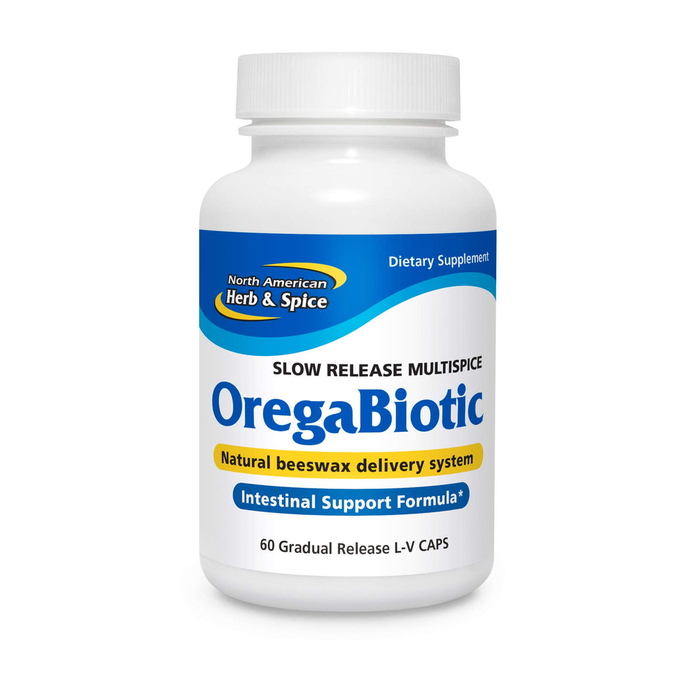 OregaBiotic bottle pours, showcasing the multi-spice formula for digestive support.