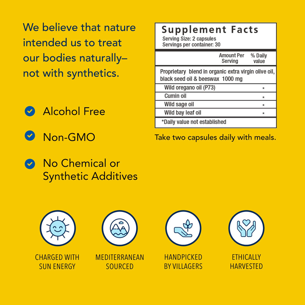 OregaBiotic label highlights non-GMO, pesticide-free ingredients for clean nourishment.