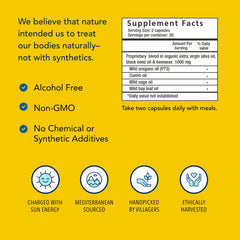 OregaBiotic label highlights non-GMO, pesticide-free ingredients for clean nourishment.