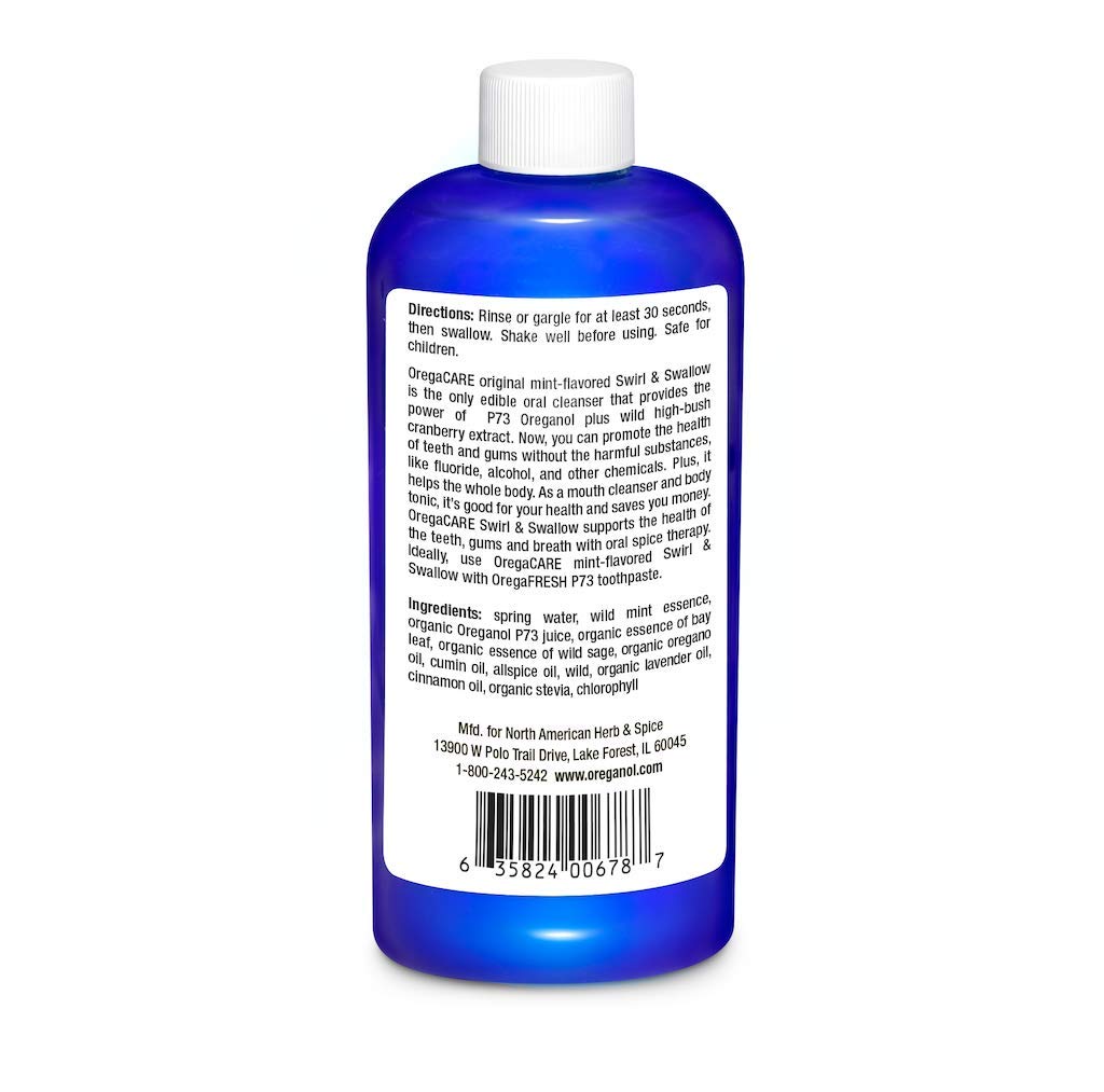 OregaCARE Swirl & Swallow: aplicación-dosificacion, aroma mentolado para pausas rápidas.