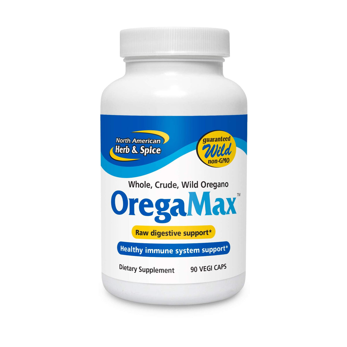 North American Herb & Spice OregaMax bottle with 90 Vegi Caps for daily immune and digestive support.