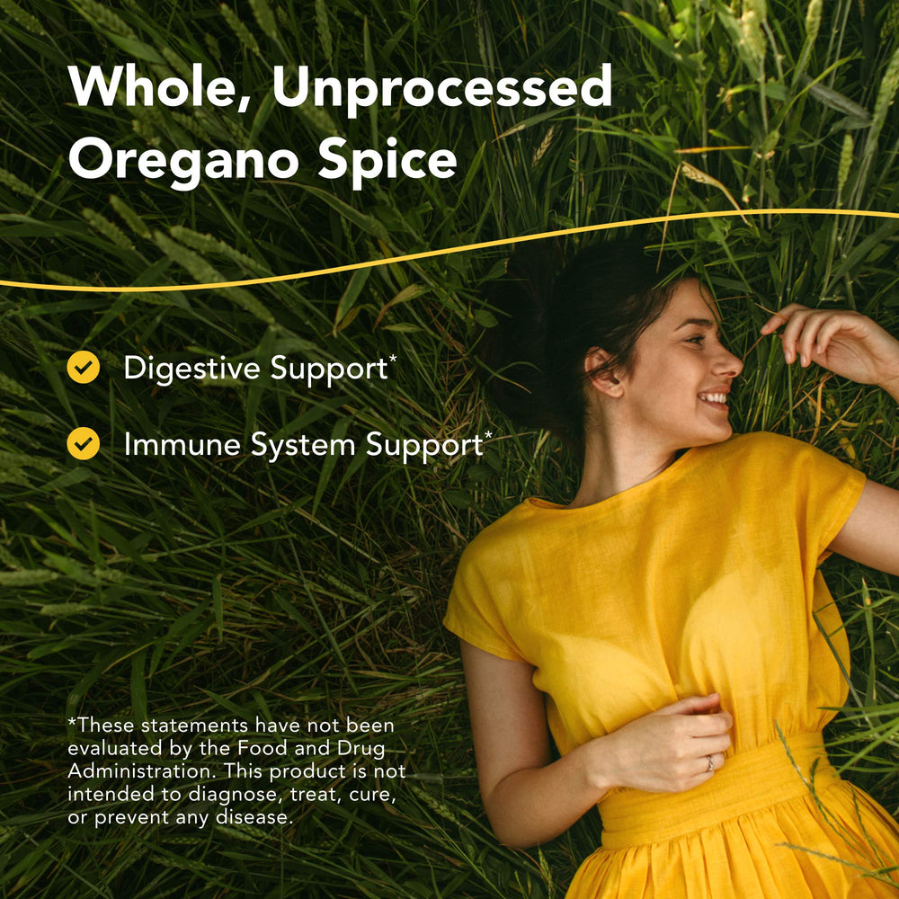 OregaMax ingredients list showing wild oregano, garlic, and onion for natural flavor and potency.