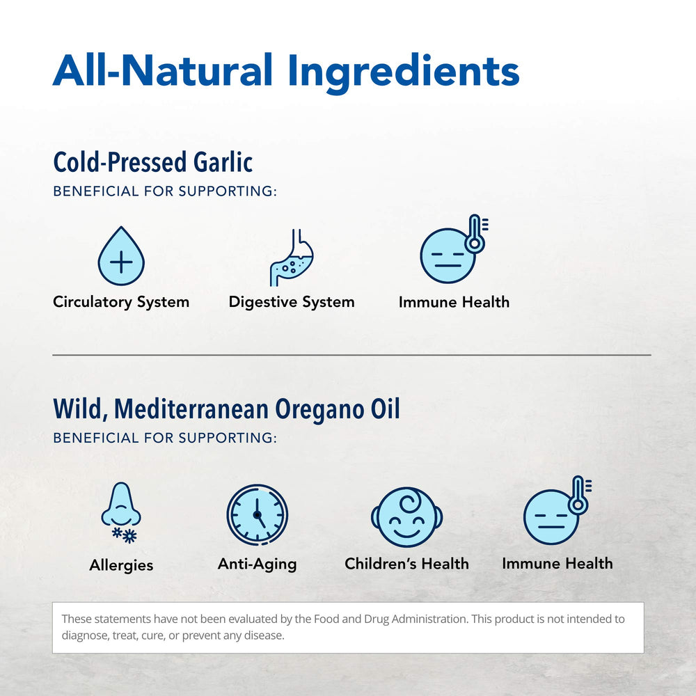 Ingredients pack of OregaMax with oregano, garlic, onion, and sumac