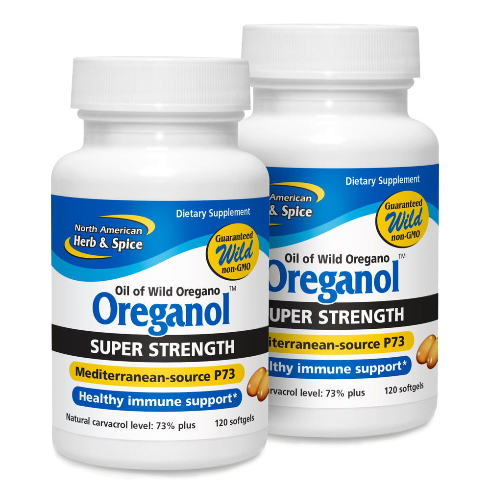 North American Herb and Spice Oreganol P73 bottle front, highlighting wild oregano oil for daily wellness.