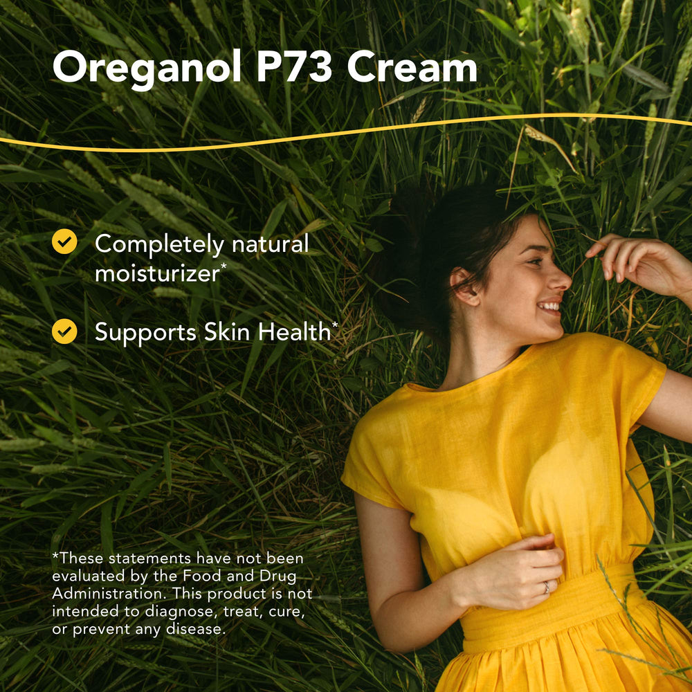 North American Herb & Spice Oreganol P73 Cream label close-up shows natural ingredients.