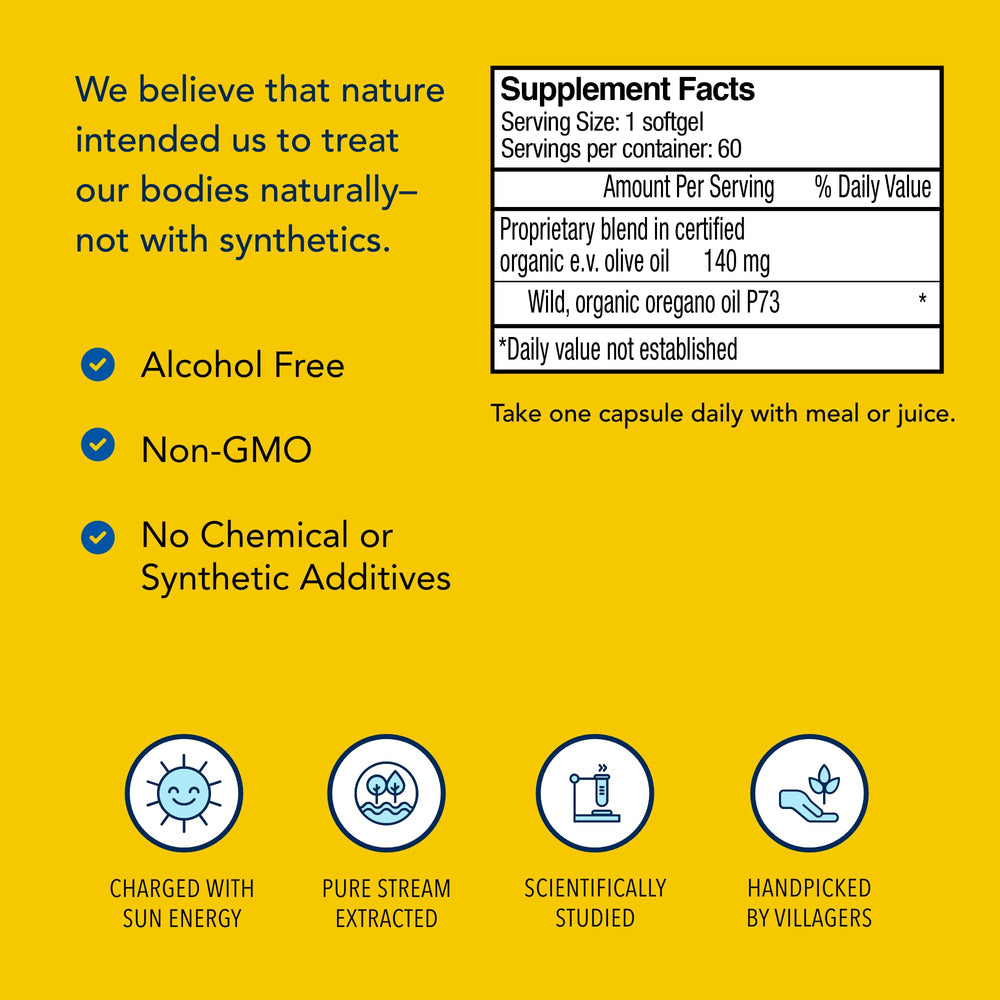 North American Herb & Spice Oreganol P73 ingredients label highlighting mountain-sourced oregano.