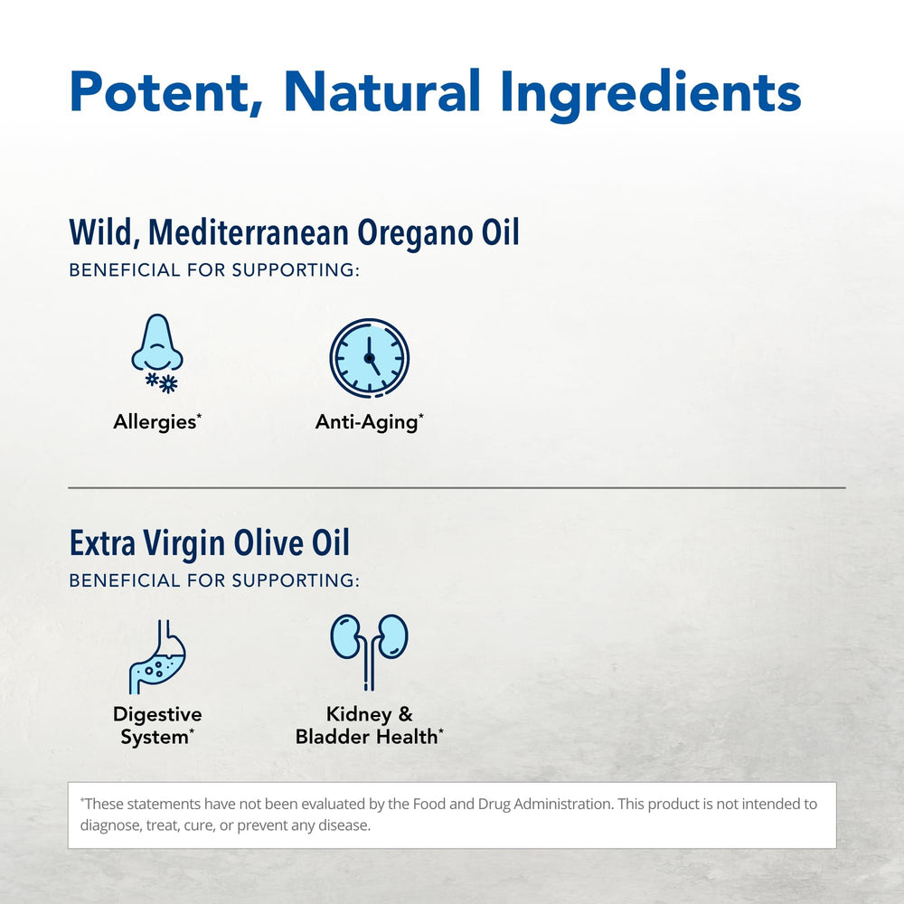 Close-up of ingredients list with wild oregano oil and olive oil.