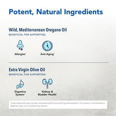 Close-up of ingredients list with wild oregano oil and olive oil.
