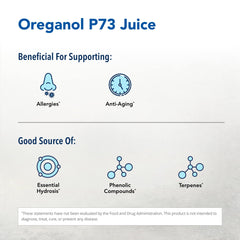 North American Herb & Spice Oreganol P73 Juice label closeup highlights wild oregano essence