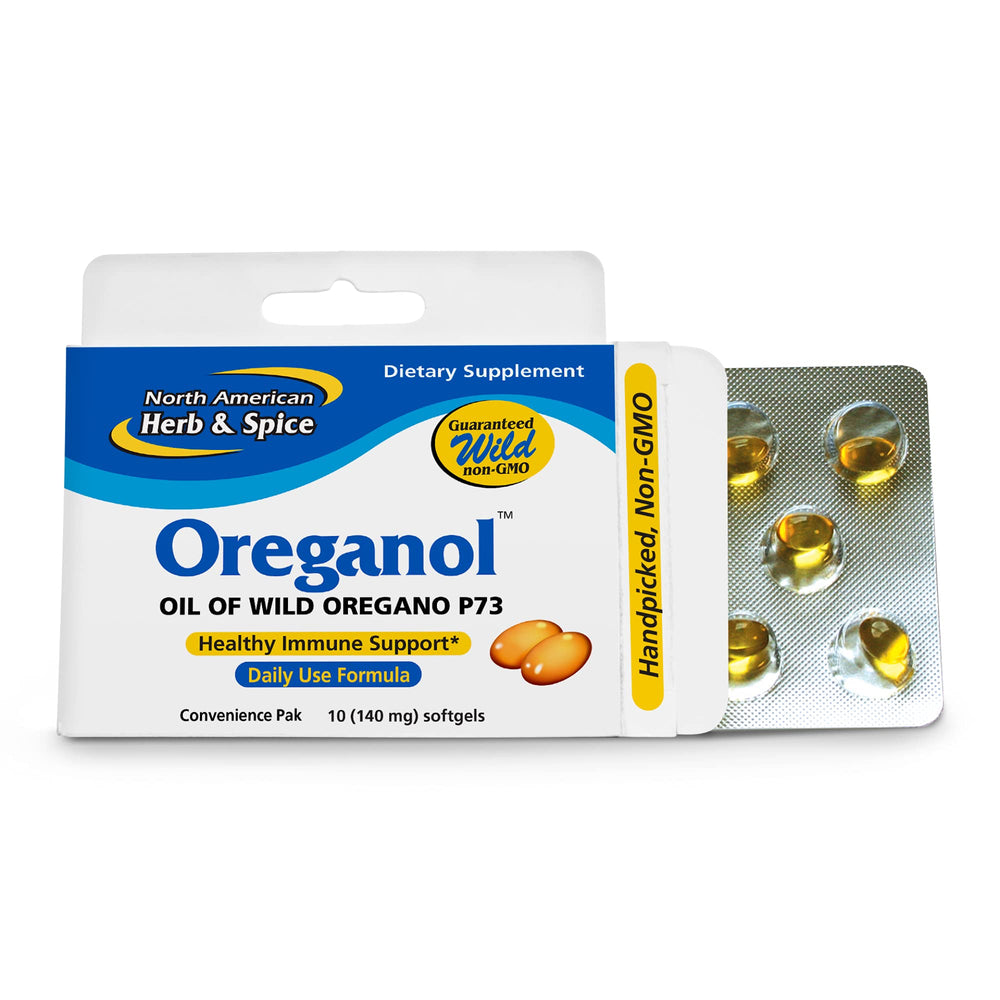 North American Herb & Spice Oreganol P73 softgels in a convenient pak for daily use.