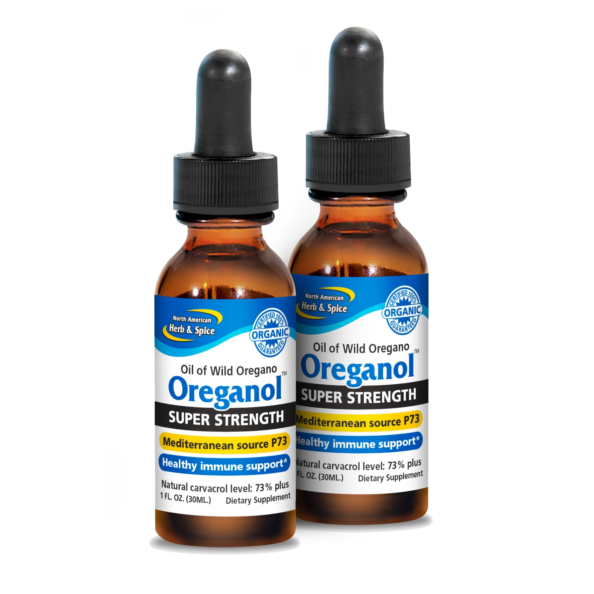 North American Herb and Spice Oreganol P73 bottle closeup showing wild oregano oil.