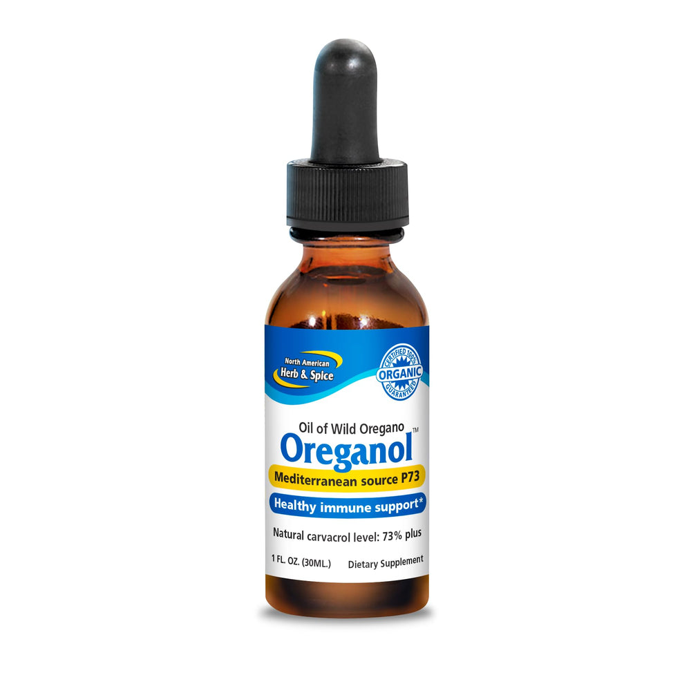 North American Herb and Spice Oreganol P73 bottle highlights wild oregano oil for daily use