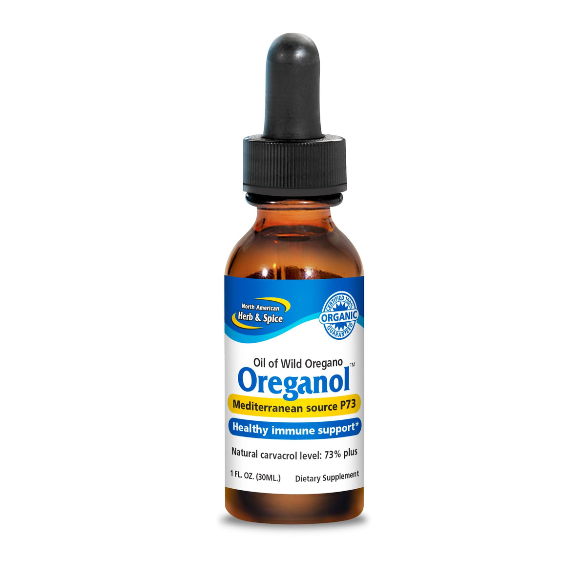 North American Herb and Spice Oreganol P73 bottle highlights wild oregano oil for daily use