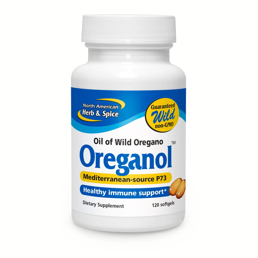 NORTH AMERICAN HERB & SPICE Oreganol P73 bottle for daily wellness with wild oregano oil.
