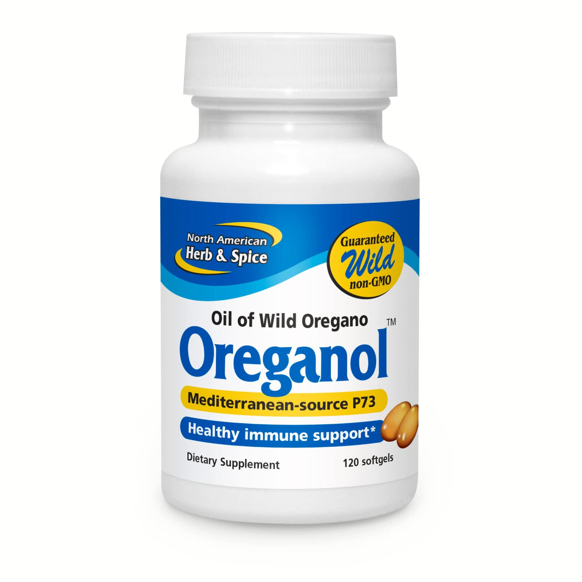 NORTH AMERICAN HERB & SPICE Oreganol P73 bottle for daily wellness with wild oregano oil.