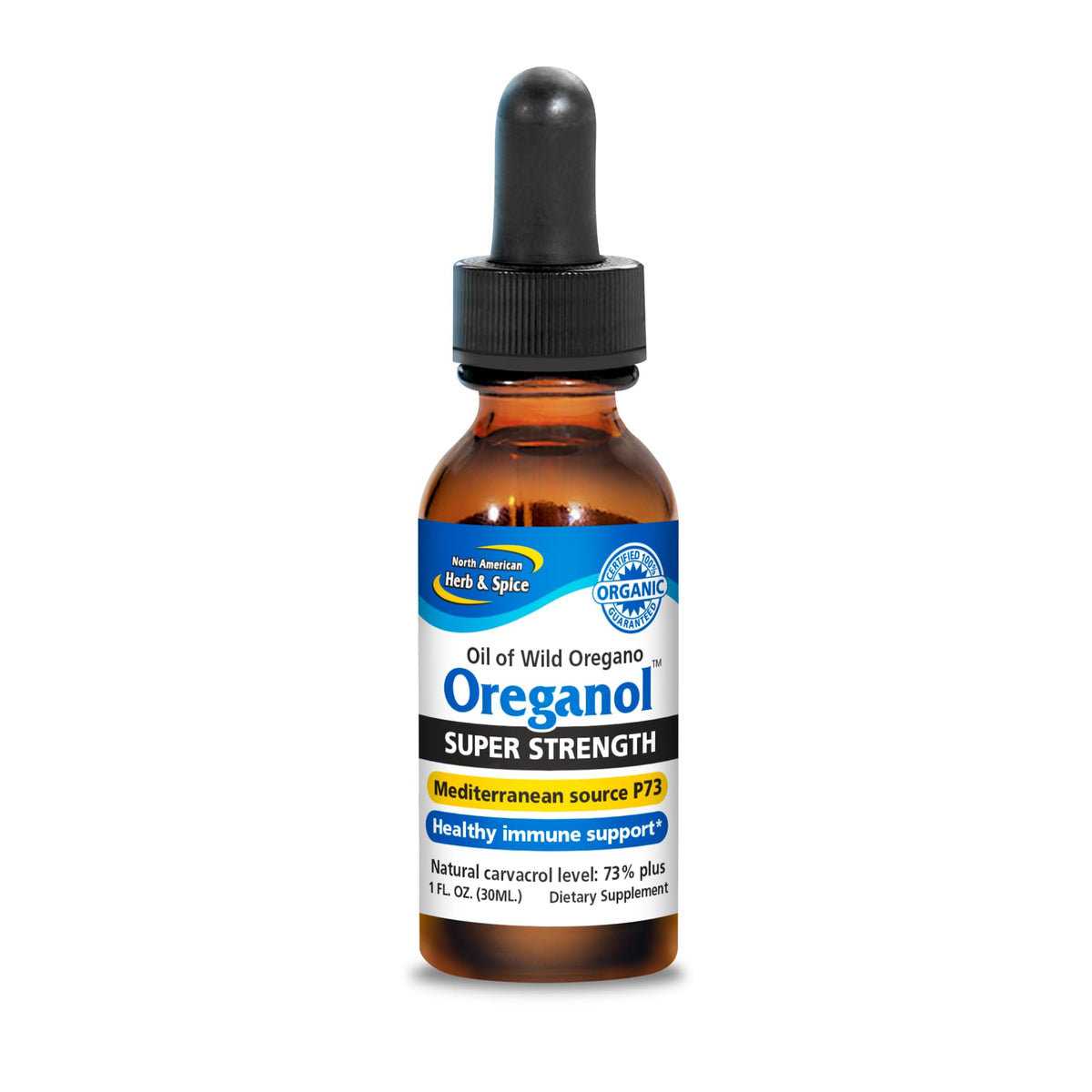 North American Herb and Spice Oreganol P73 bottle ready for daily use.