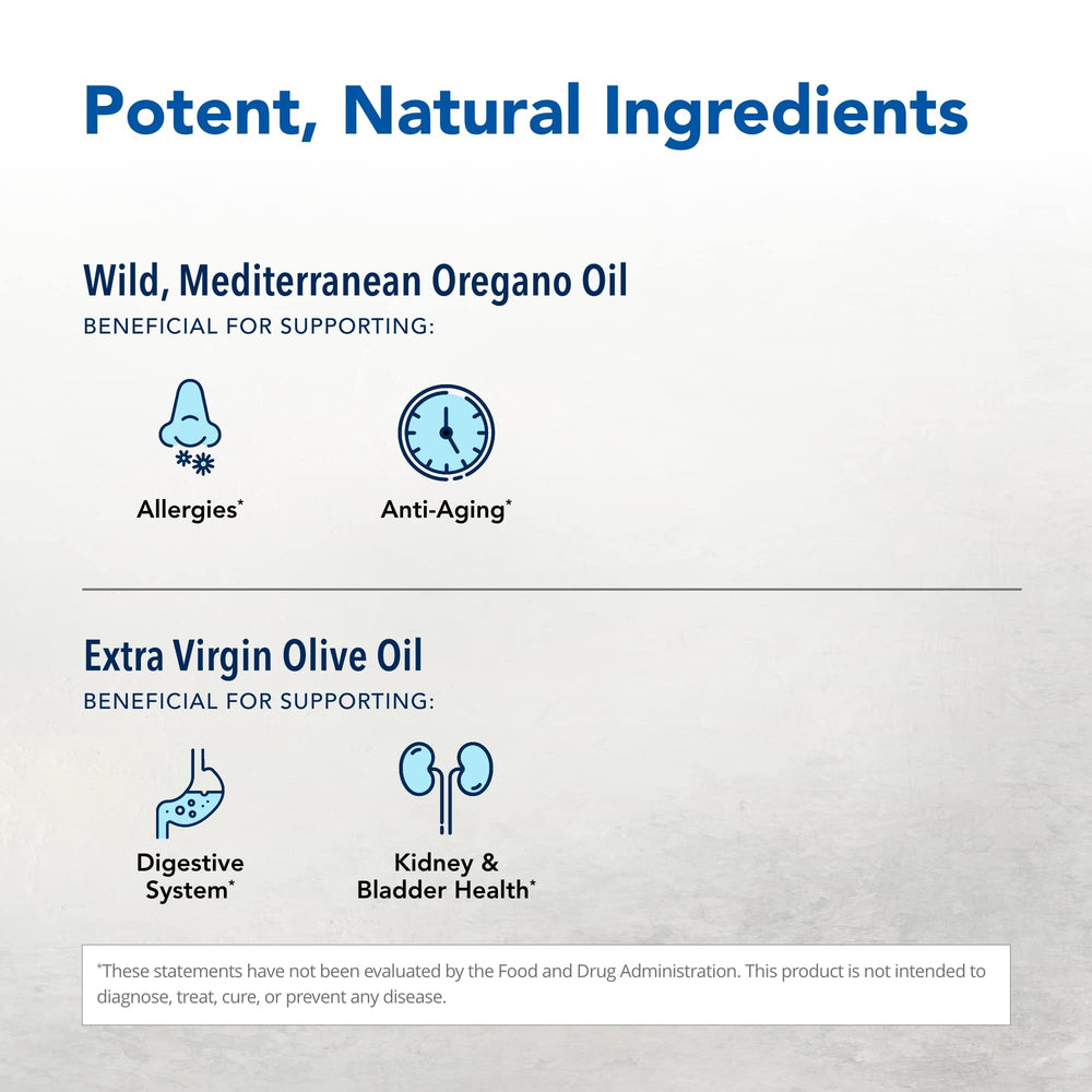 Label close-up shows unprocessed, full-spectrum oregano oil in each softgel.