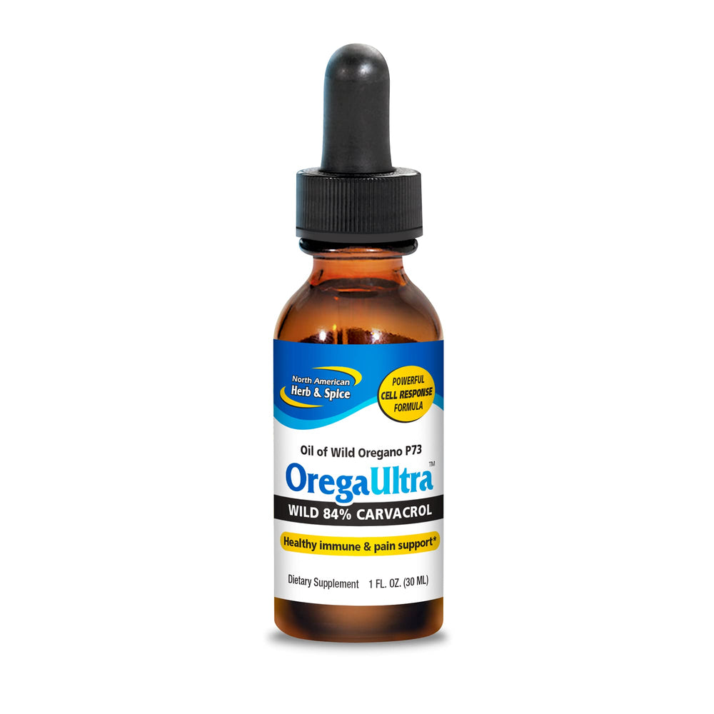 North American Herb & Spice OregaUltra bottle demonstrating wild oregano oil for immune support.