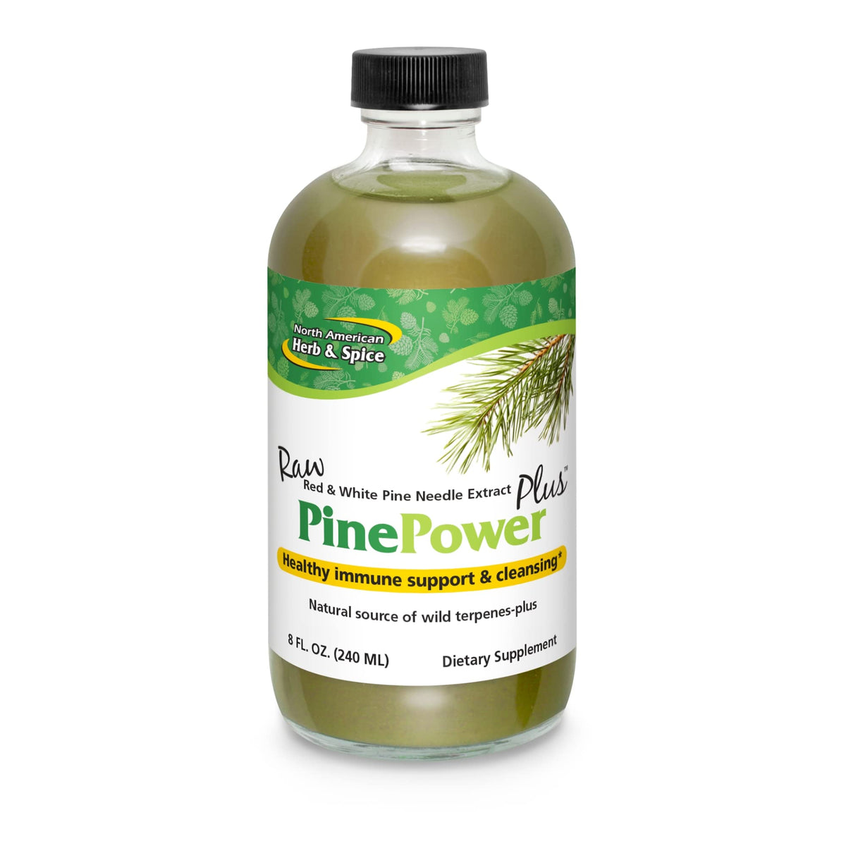 North American Herb & Spice Pine Power Plus bottle shown for convenient daily immune support.