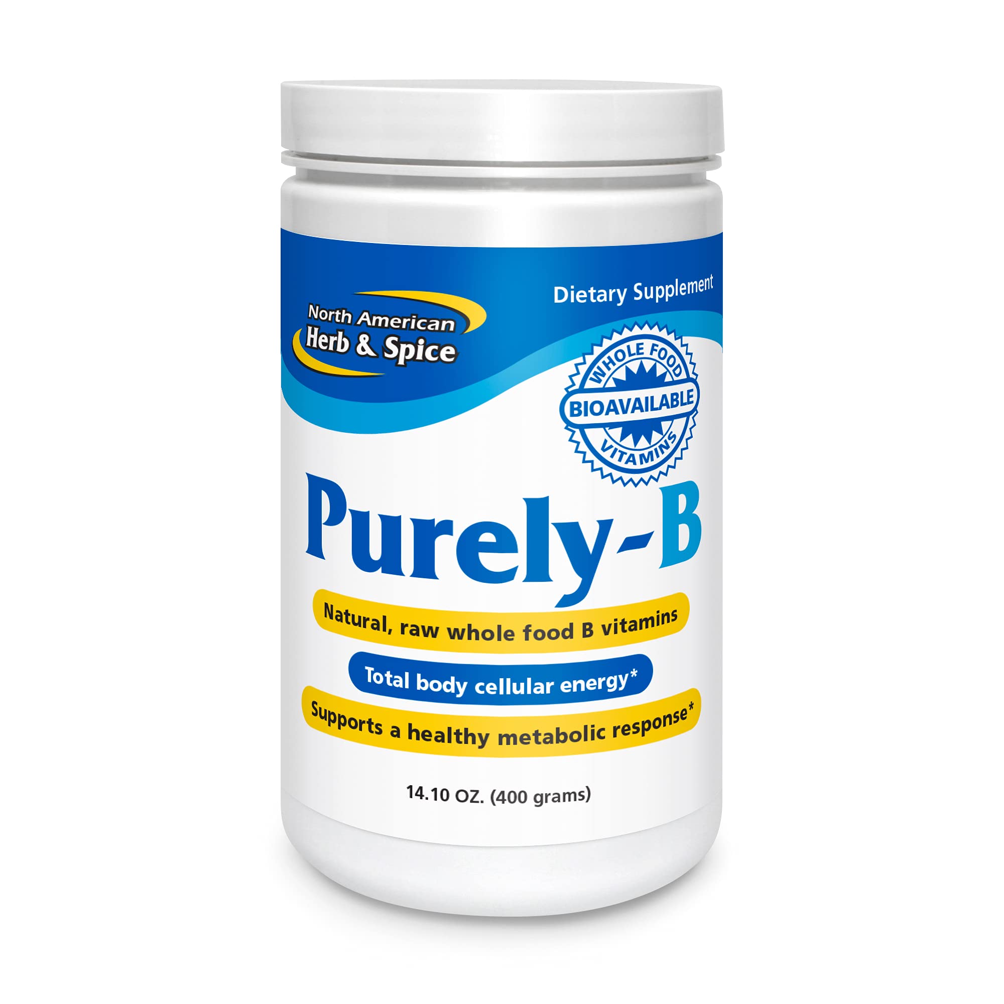 North American Herb & Spice Purely-B bottle close-up for natural energy support.