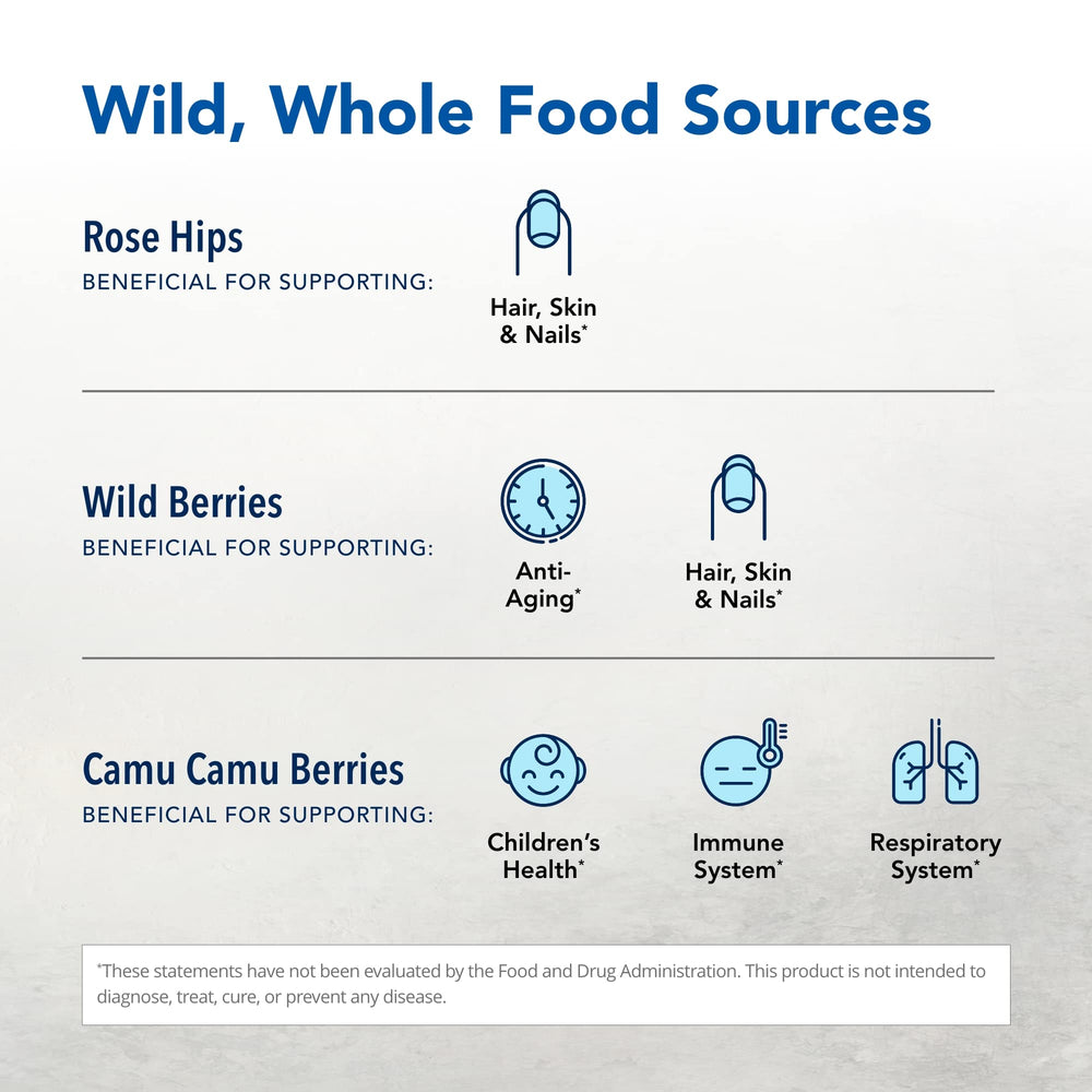 Camu camu berries highlight the natural vitamin C source in Purely-C.