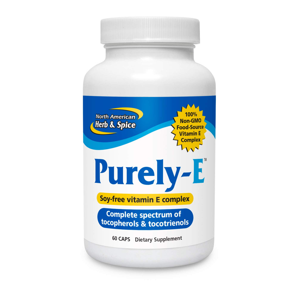 North American Herb & Spice Purely-E bottle with 60 capsules for daily hair and skin support.