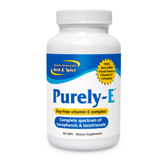 North American Herb & Spice Purely-E bottle with 60 capsules for daily hair and skin support.