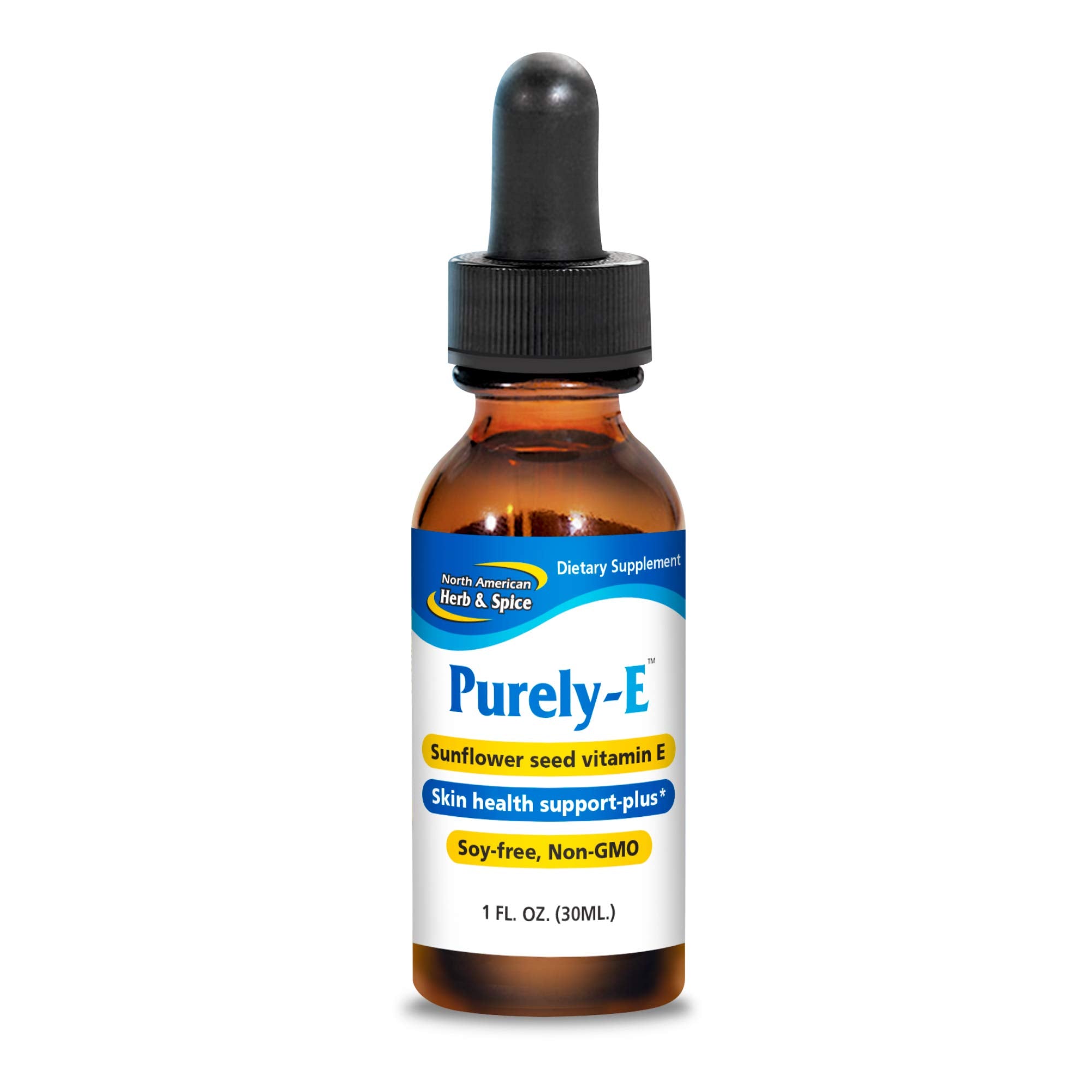 North American Herb & Spice Purely-E bottle showcases soy-free vitamin E blend for skin support.