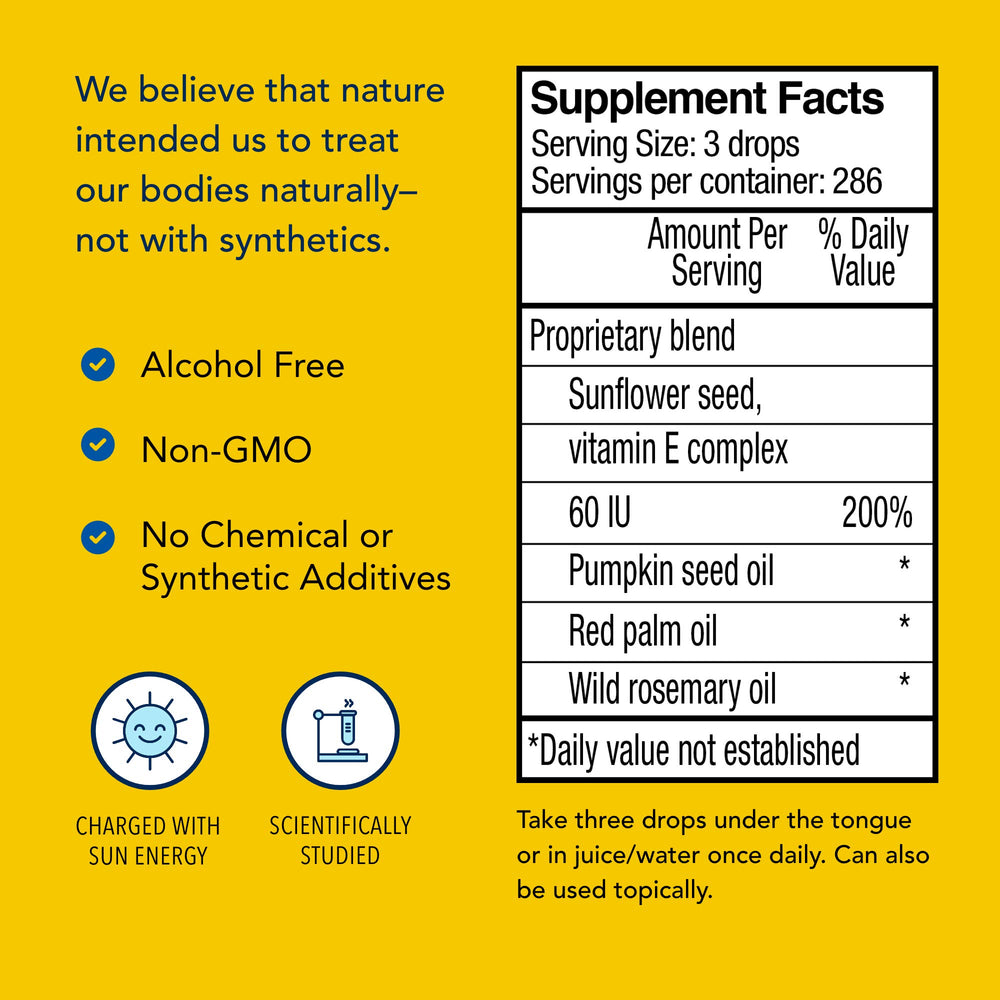 Ingredients list highlights sunflower seed oil, vitamin E complex, pumpkin seed oil, red palm oil, and rosemary oil.