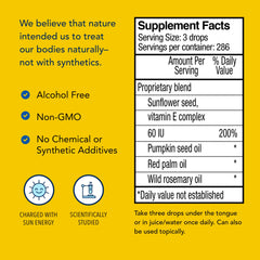Ingredients list highlights sunflower seed oil, vitamin E complex, pumpkin seed oil, red palm oil, and rosemary oil.