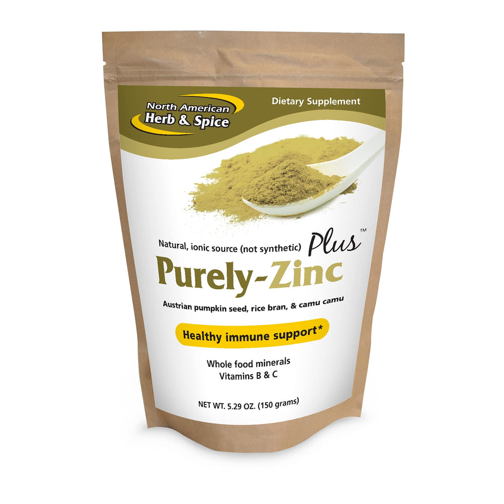 NORTH AMERICAN HERB & SPICE Purely-Zinc Plus bottle front shows premium whole food zinc.