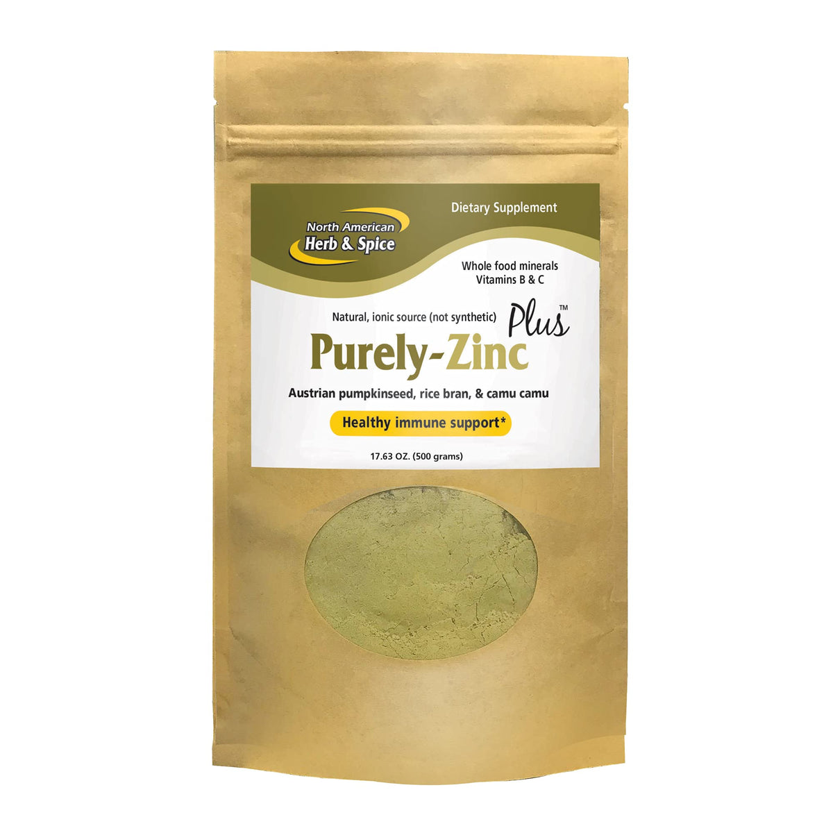 NORTH AMERICAN HERB & SPICE Purely-Zinc Plus bottle for daily whole-food zinc supplementation.