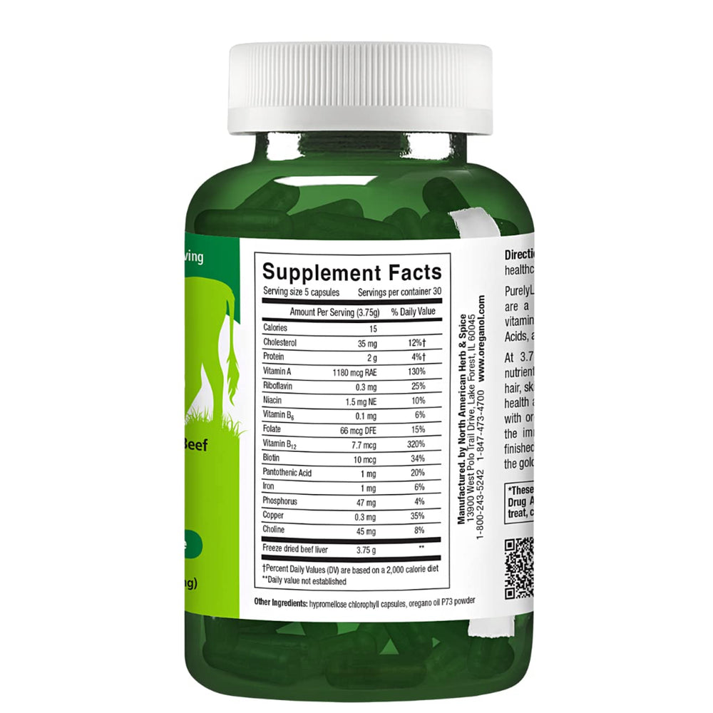 PurelyLiver label close-up highlighting vitamins A and B12 for daily nourishment
