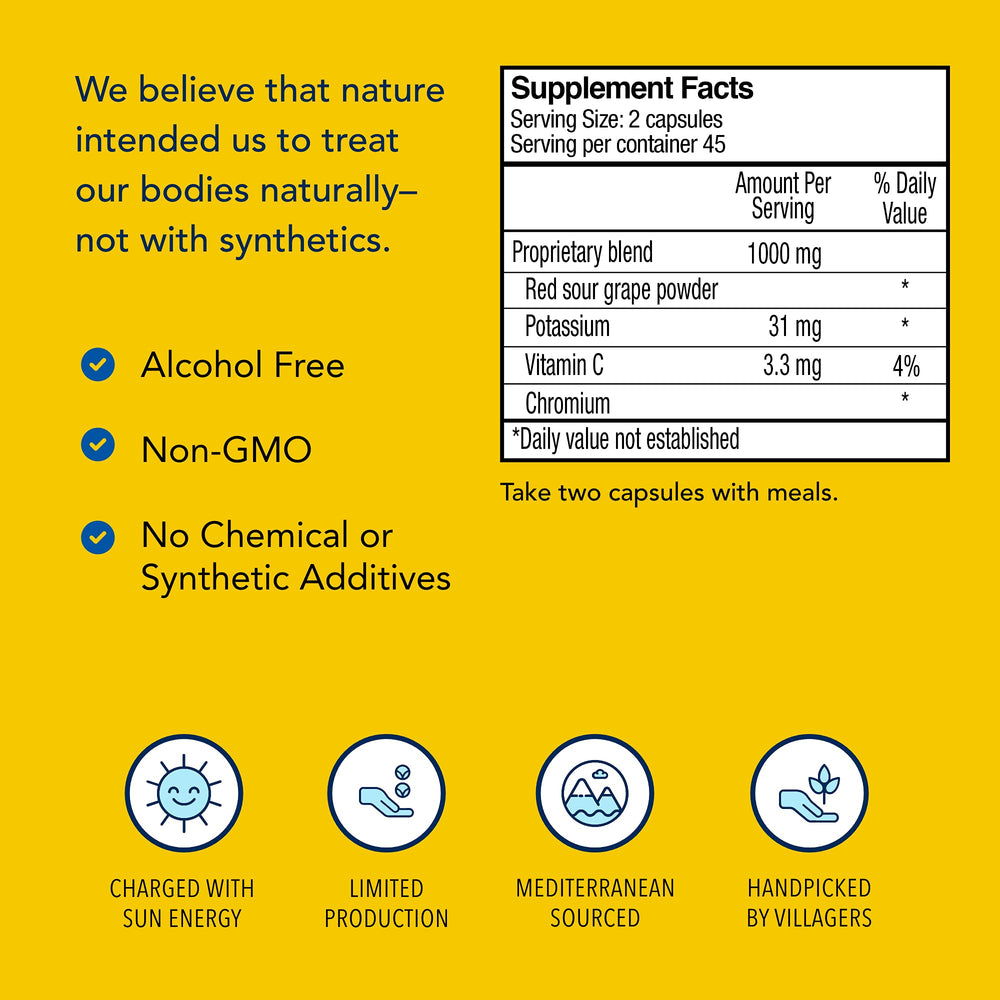 Ingredients list featuring grape powder, potassium, vitamin C, chromium for daily antioxidant support.