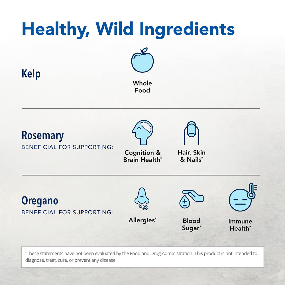 Ingredients list featuring wild kelp, herbs, and amino acids.