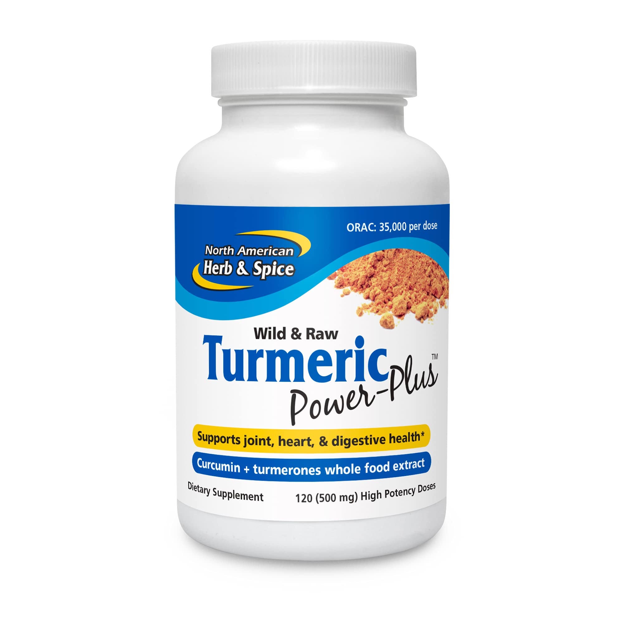 NORTH AMERICAN HERB & SPICE Turmeric Power-Plus bottle front showing whole-food turmeric benefits