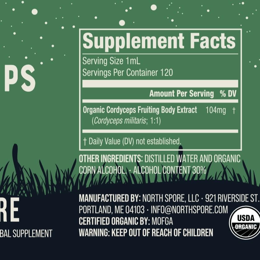 Made in USA label on North Spore cordyceps tincture production