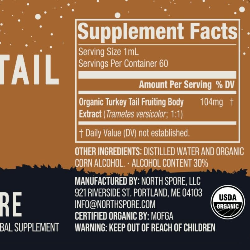 North Spore Turkey Tail Tincture label emphasizes organic, vegan, and non-GMO ingredients.