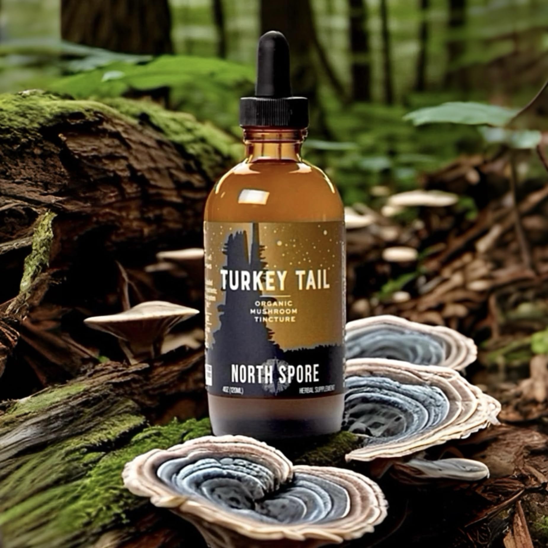 North Spore Turkey Tail Tincture liquid in glass ideal for under-tongue use.