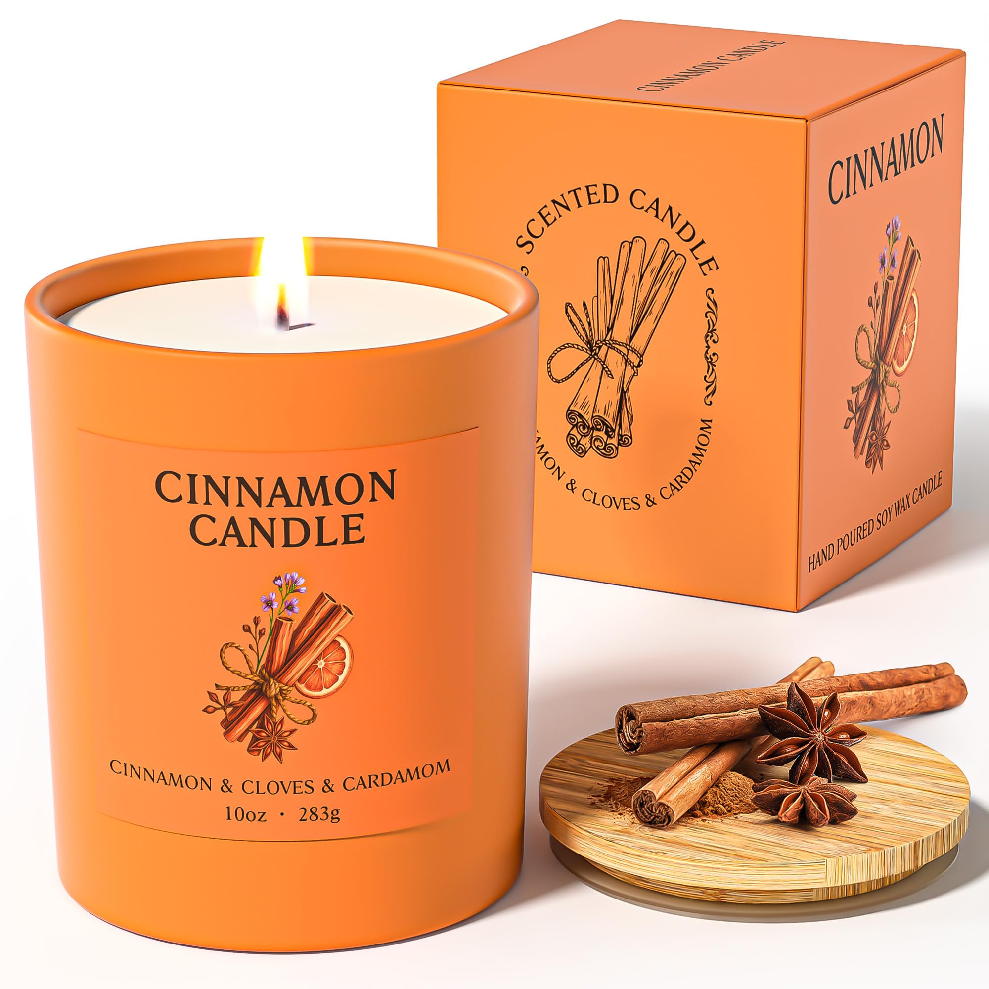NORVENCE Cinnamon Candle in glass jar with bamboo lid, warm spice aroma for cozy spaces.